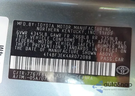 2010 Toyota Camry Le из США, поврежденный, VIN 4T4BF3EK4AR072088